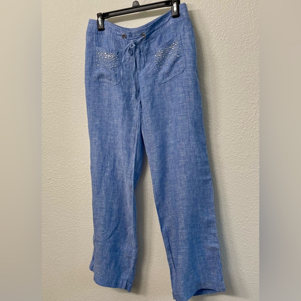 I-N-C Blue Linen Pants with Studded Pockets and Tie Front